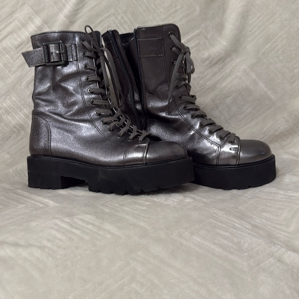 Like New Stuart Weitzman Black Silver Combat Boots with Chunky Sole size 8.